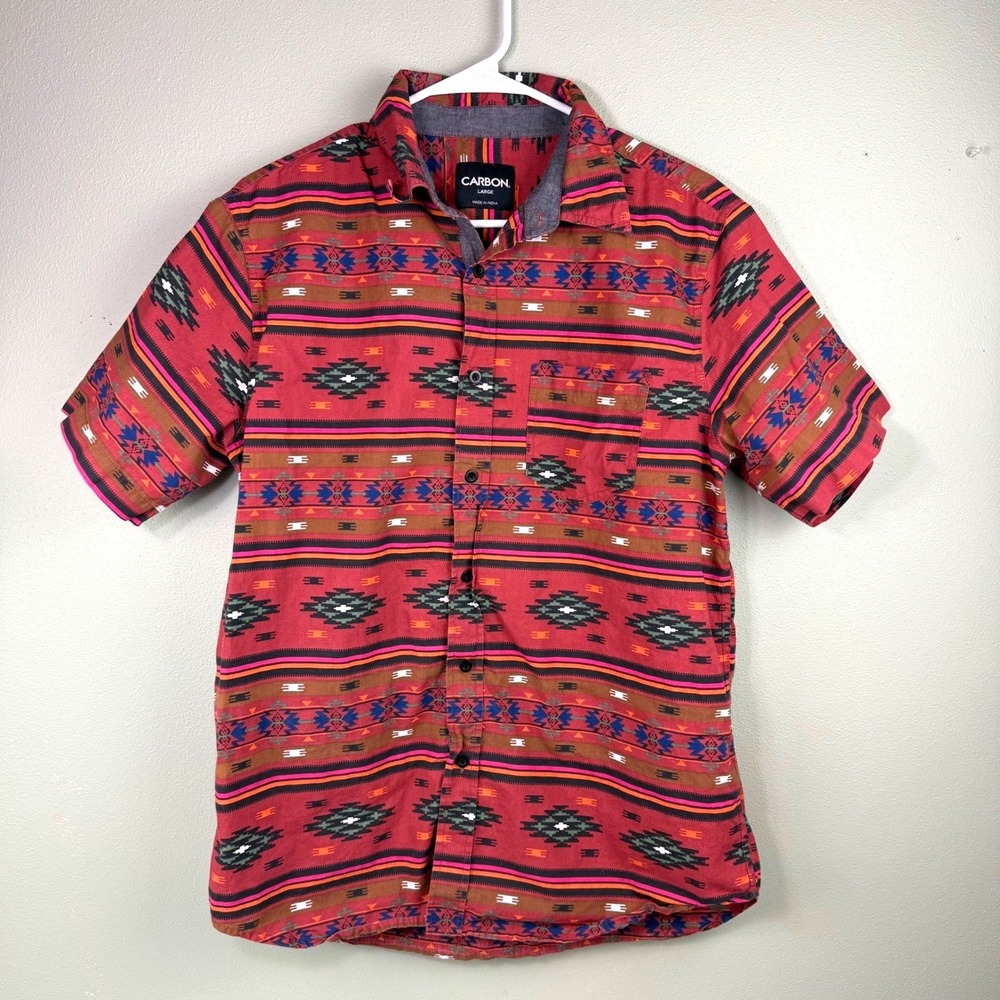 Carbon Mens Large Red Southwestern Tribal Print Short Sleeve Button Down Shirt